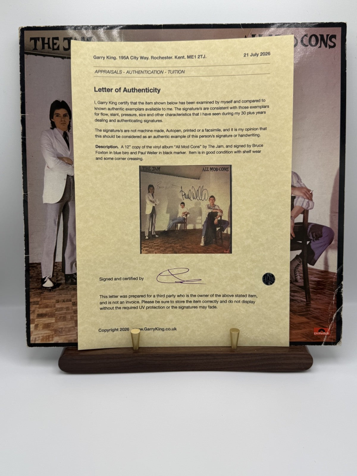 The Jam - All Mod Cons Signed: Paul Weller, Bruce Foxton: Garry King COA LP UK
