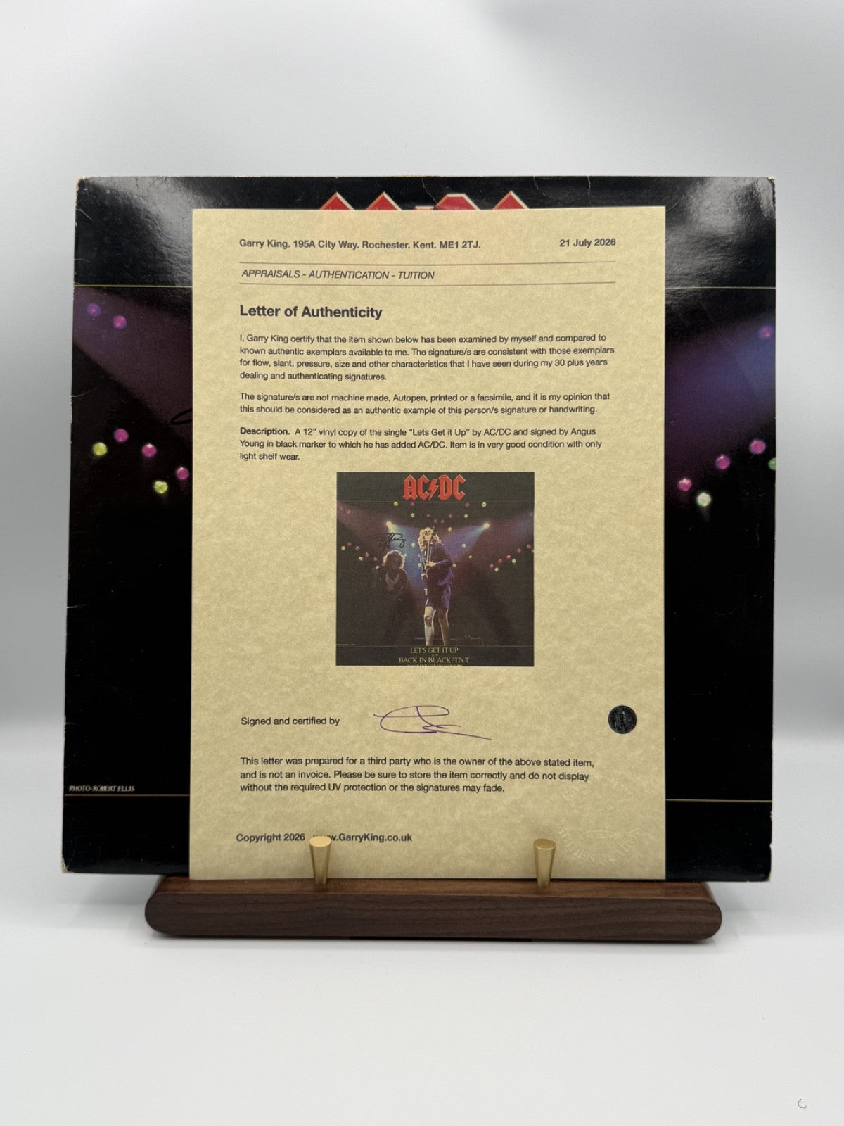 AC/DC Lets Get It Up 12in Signed Angus Young COA K11706T - VG++/EX