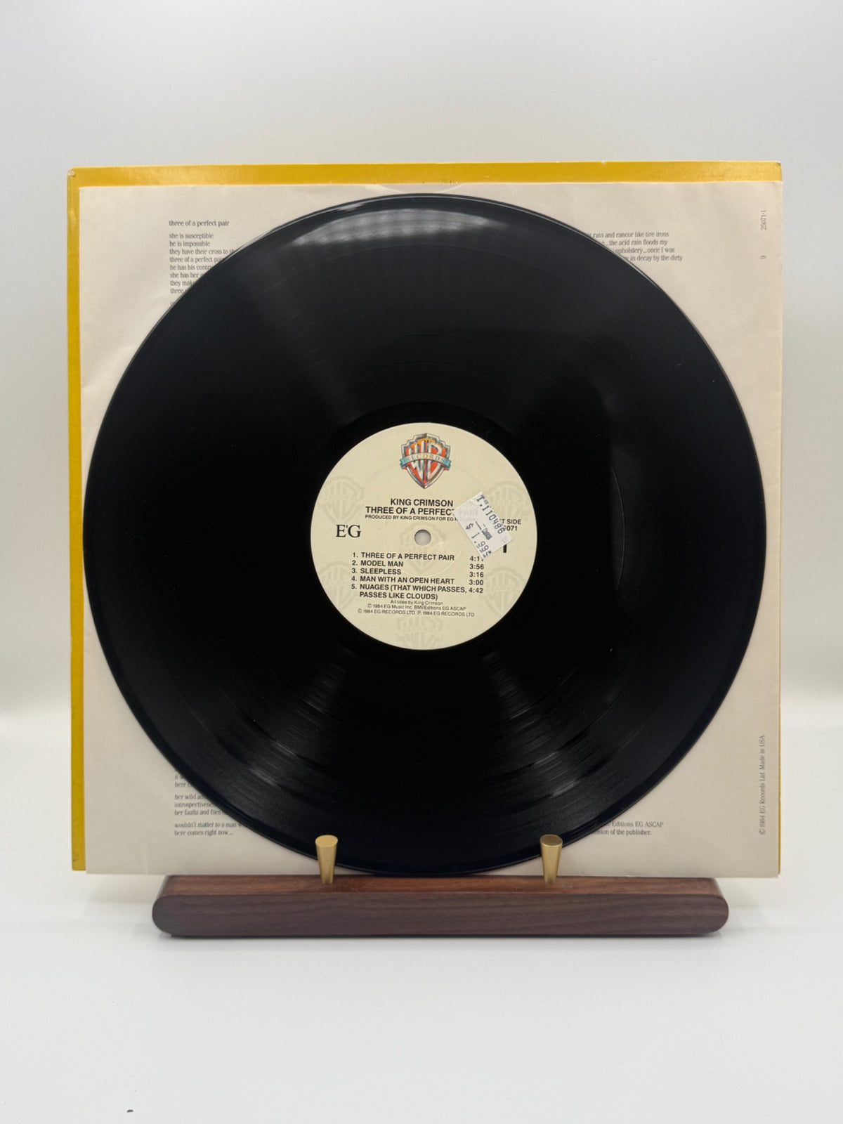 King Crimson Three Of A Perfect Pair Side 1 label with old price sticker