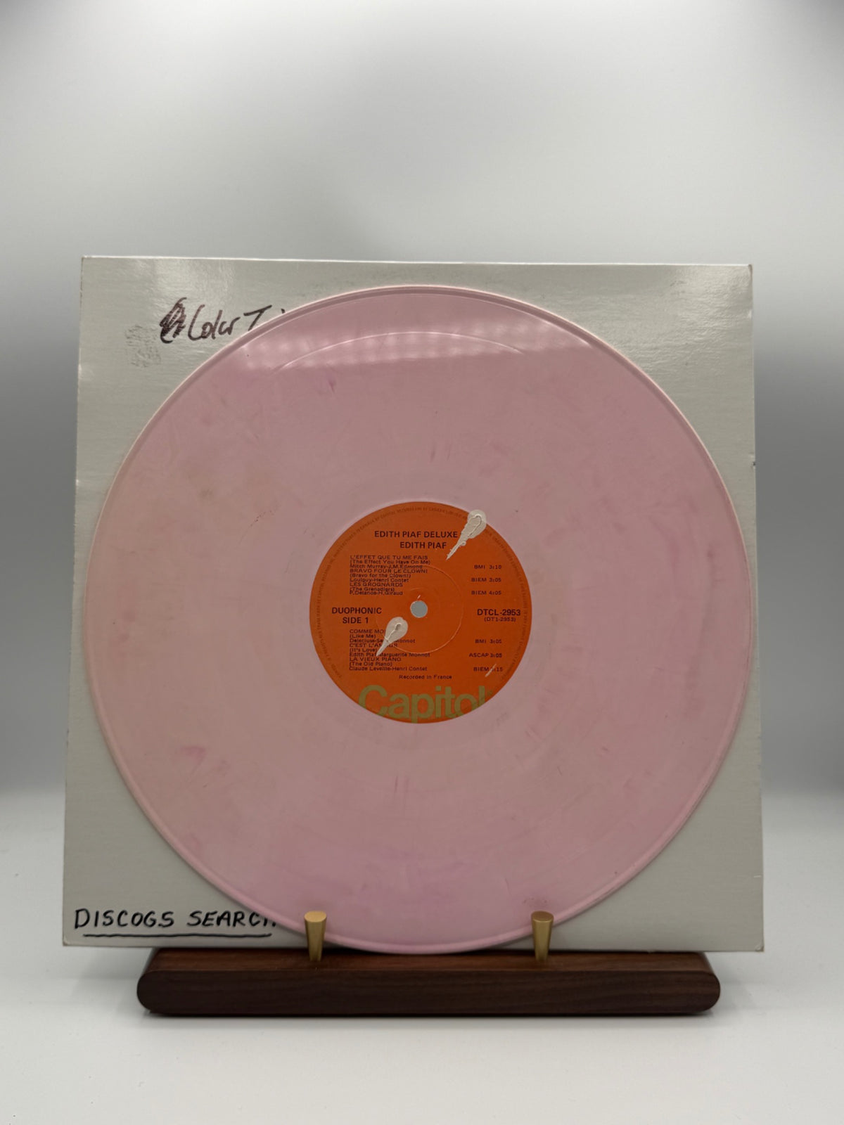 Tavares Love Storm Capitol Canada pink vinyl experimental Color Test 9 side A with Edith Piaf label