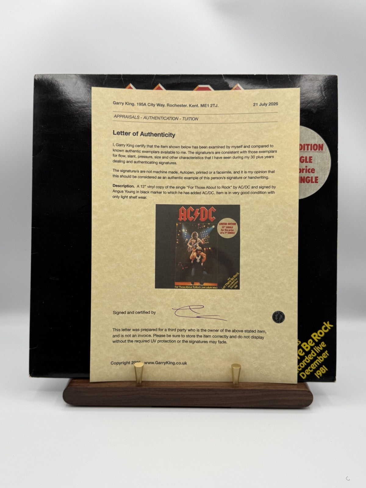 AC/DC For Those About To Rock 12in Angus Young Signed COA K11721T - VG+/EX