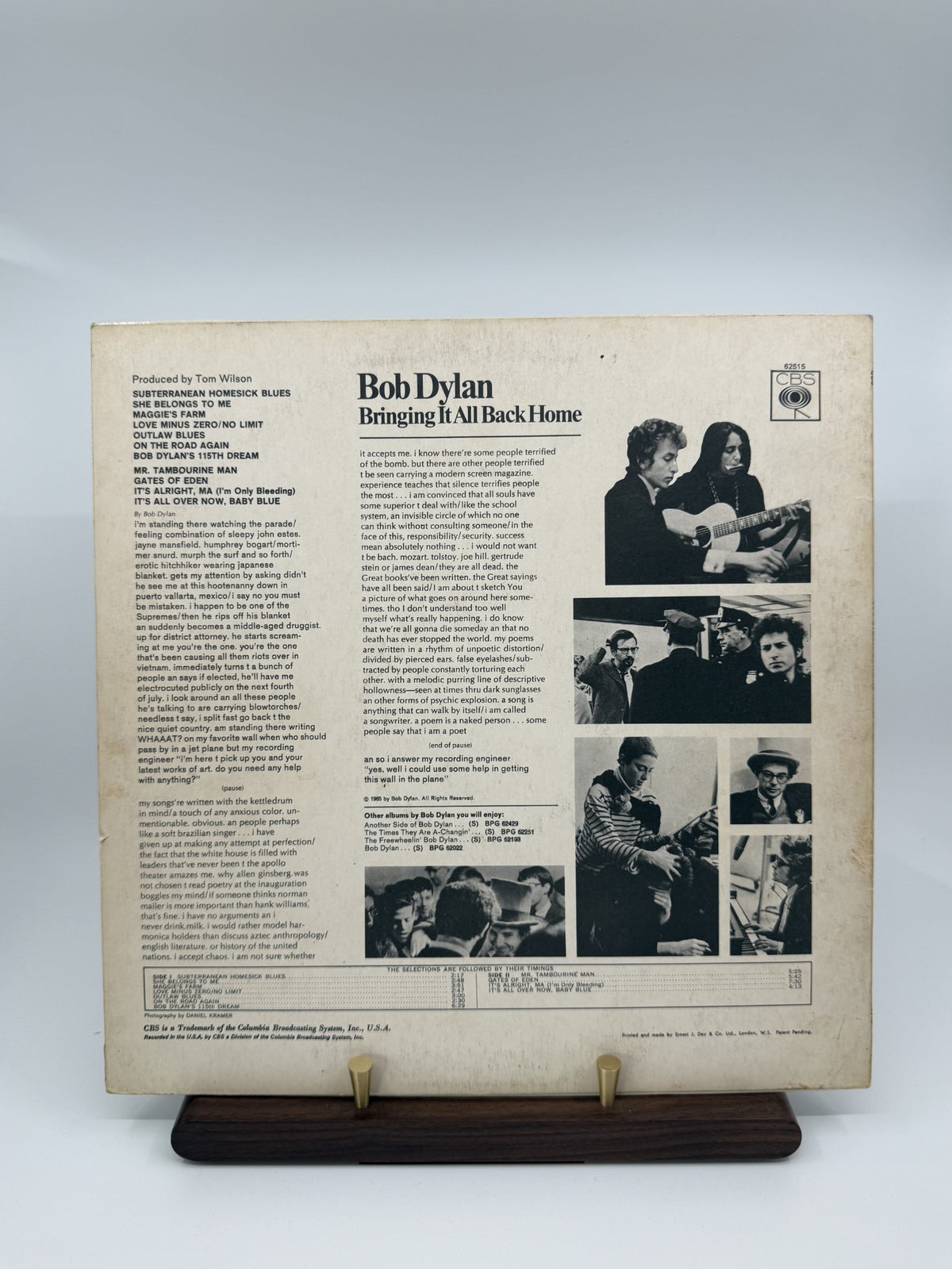 Bob Dylan Bringing It All Back Home UK mono CBS BPG 62515 rear non-flipback sleeve